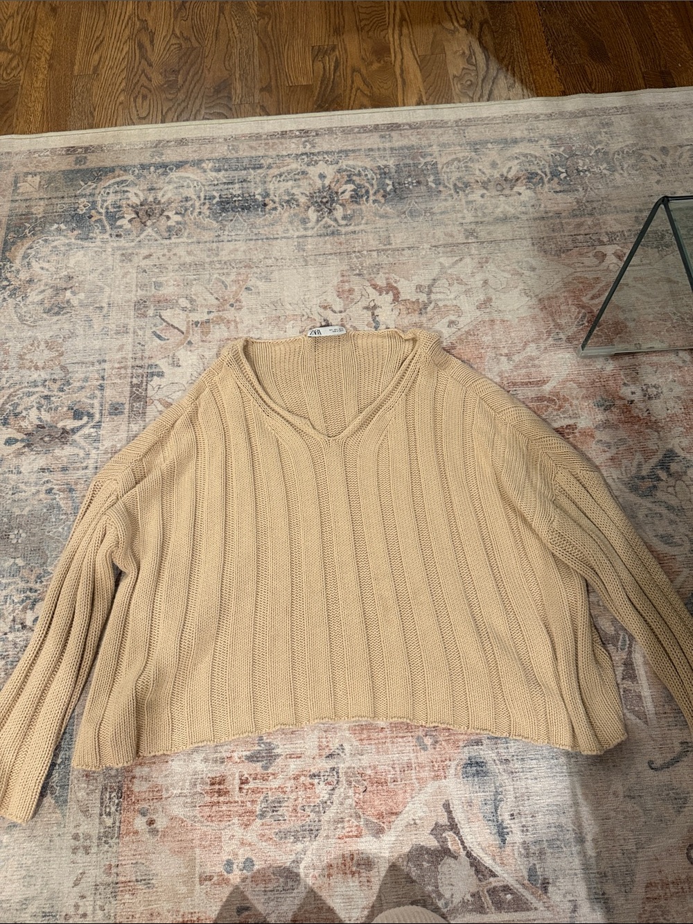 ZARA Beige Ribbed V-Neck Sweater